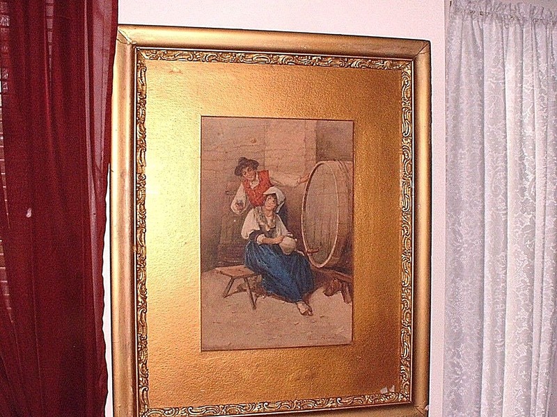 Wonderful Antique Watercolor of Couple At Winery Signed Fabio Roma