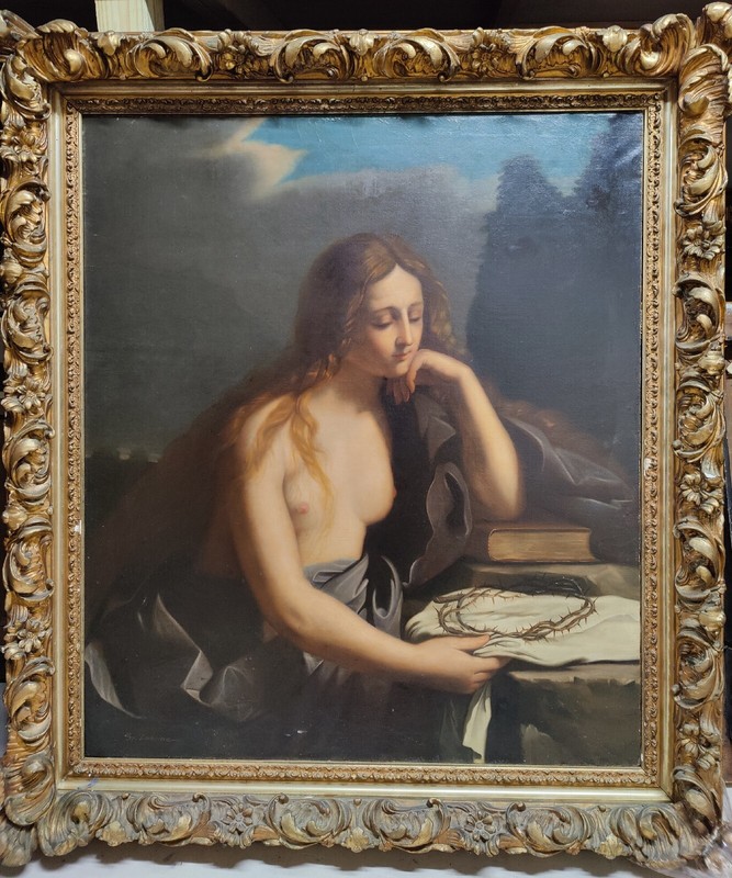 Antique 19c Italian School Oil Painting Maria Magdalena After Titian