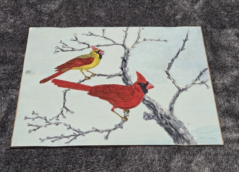 Vintage Cardinal Bird Painting Artwork Male & Female Signed 9×12″