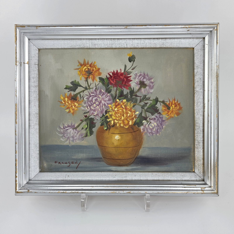 Original Still Life Painting on Canvas Floral Signed Aged Paint Wood Frame 11x12 gallery