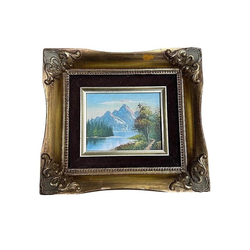 Vintage Miniature Mountain Lake Oil Painting Ornate Gold Scalloped Frame Velvet