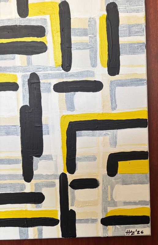 Original Abstract Acrylic Painting Yellow Black Gray Geometric Grid Modern Wall gallery