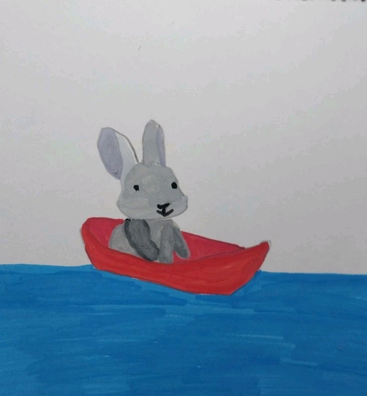 GAT Original Painting Impressionism BUNNY Rabbit In BOAT at Lake 12×12 Canvas