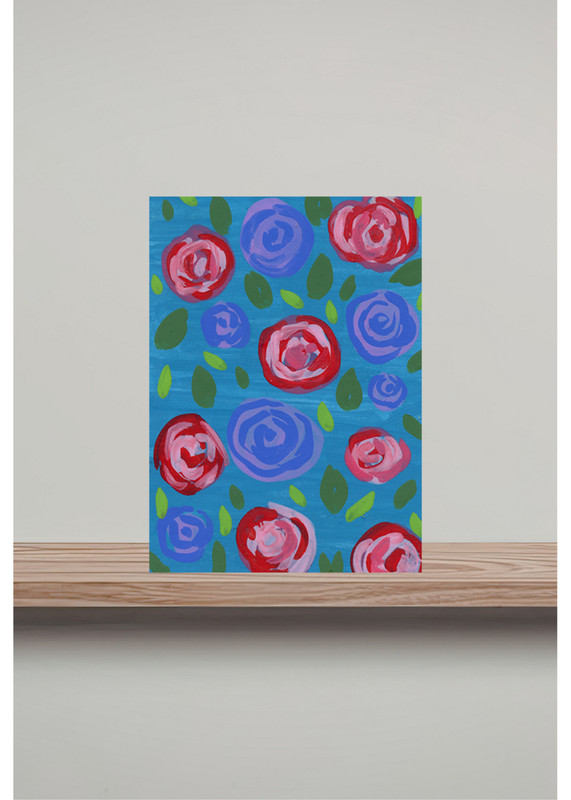 ACEO Art Trading Card Red and Blue Roses Acrylic OOKA Original Painting gallery