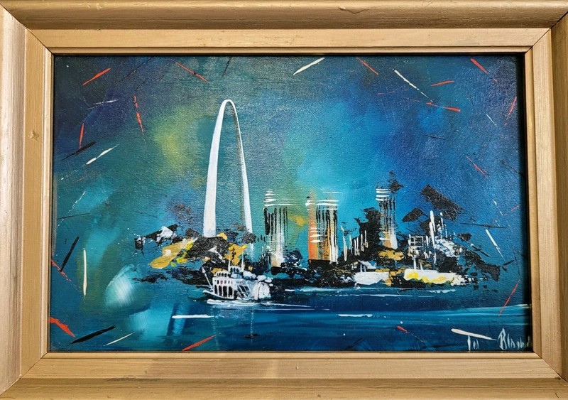 Early RARE Ted Blaylock Original Sm Painting On Board St. Louis Arch Riverboat