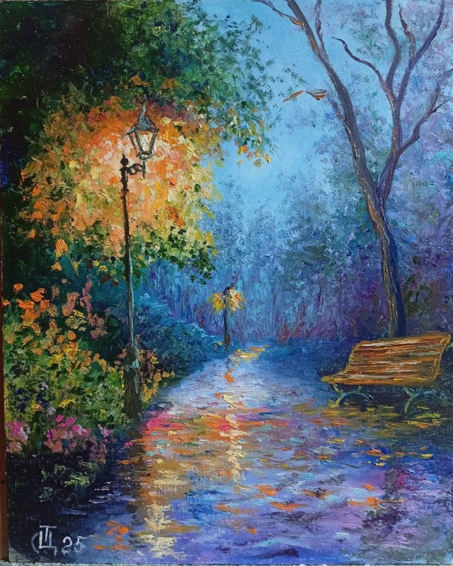 Painting "Evening in the Park". Oil on hardboard. 8x10 inc. Handmade. 2025.