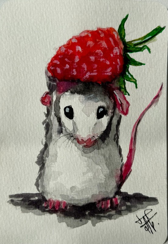 Mouse Painting Animal Original Watercolor Art Small Wall Art Raspberry Art