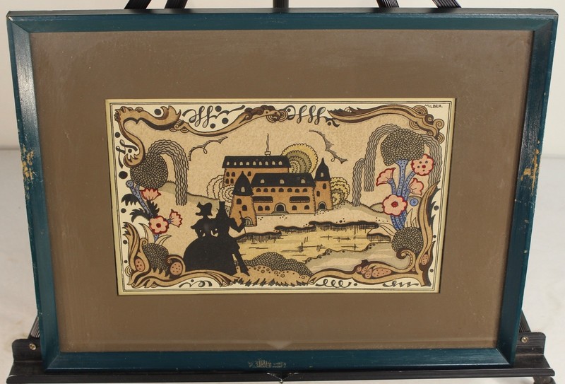 Vintage Woodblock Print Art Signed MILBER Folk Art #2 House Flowers Couple