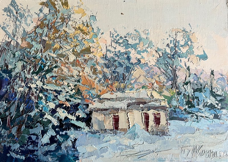 Oil painting Snowy Botanical garden Ukrainian painter canvas original landscape gallery