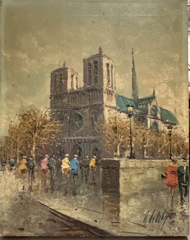 Antonio DeVity Signed Oil Painting Notre Dame Cathedral Paris 20”x16”