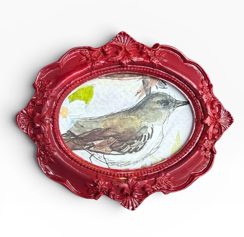 Mockingbird mini watercolor bird print of original painting • ornate frame