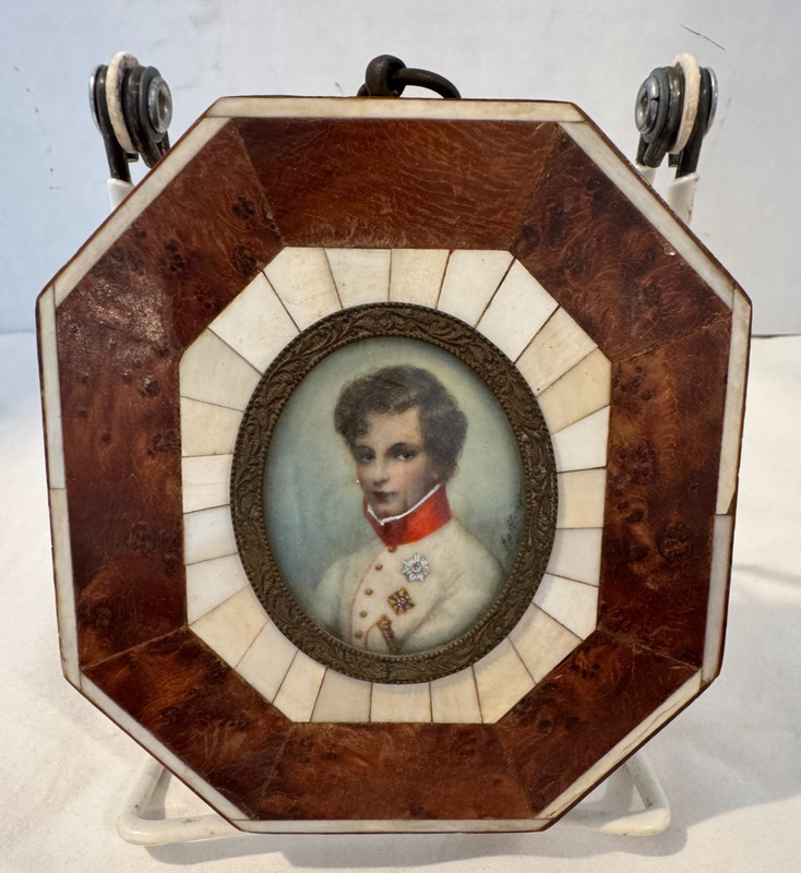 Antique French Portrait Miniature Military Officer Burl Wood Inlaid Frame 19th C