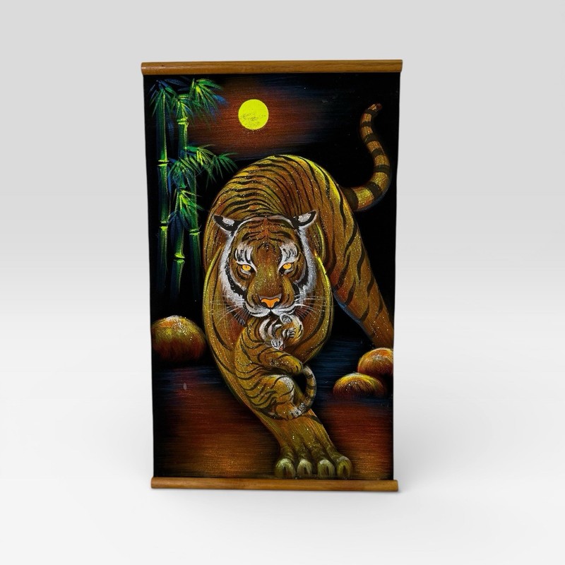 Vintage Tiger & Cub Painting On Velveteen Purchased In Thailand Hand Painted
