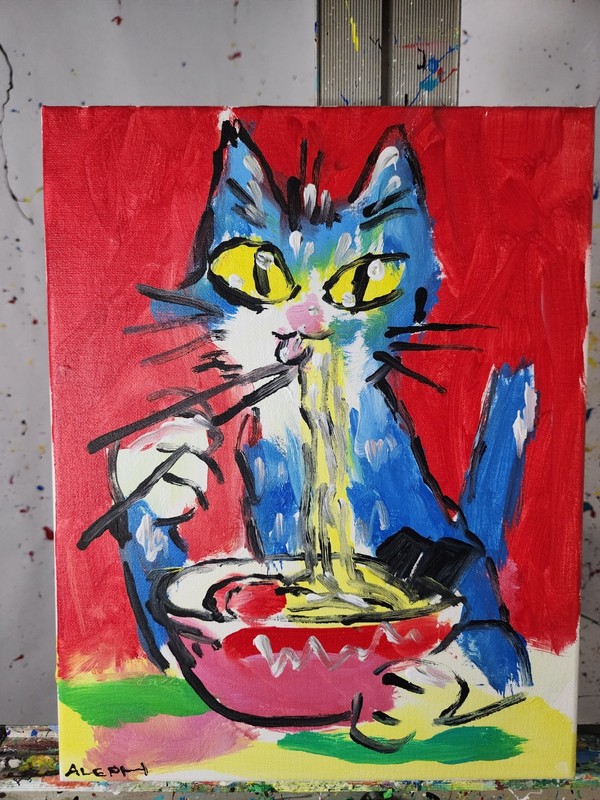 Original Cat Eating Ramen Painting Abstract Expressionist Canvas 11x14 Wall Art gallery