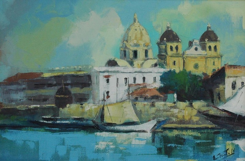 Beautiful Oil Painting of a European Maritime Harbor Scene by Emilio Prieto