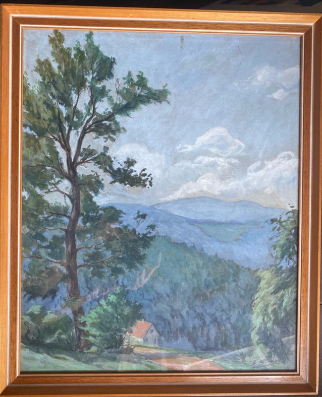 Painting View into the Valley Mountains Morning Mood Impressionist Signed Frame