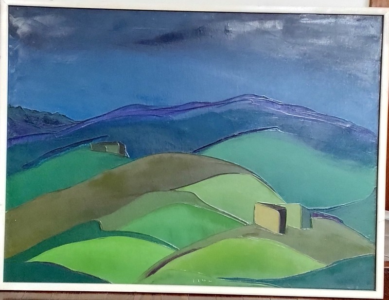 Abstract Landscape Oil Painting on Board, Signed "FINO", Framed 34.5"H X 32.25"W