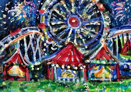 ORIGINAL ACEO Painting CARNIVAL Fair Amusement Park Fireworks Rides Fun ATC ART