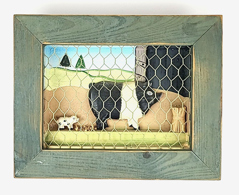 3D Art pigs on a farm shadowbox mixed media framed country rustic Homestead art