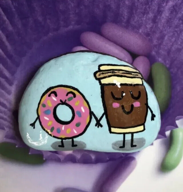 Painted rock with acrylic painting/ Sealed with art Resin/Donut and Coffee