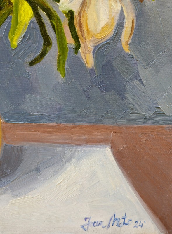 Original Oil Painting on board ,"White lilies", 50cmx60cm, Signed gallery