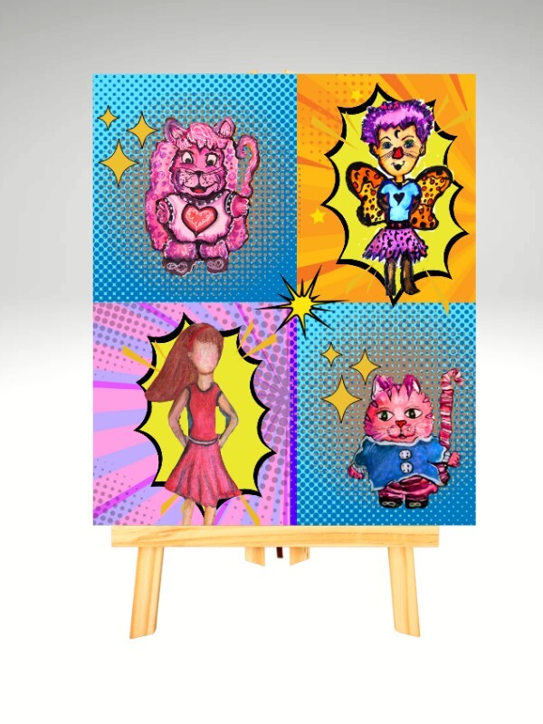ACEO Cartoon Miniature Pop Art Cats Ladies Butterfly Girl Small Artwork Print
