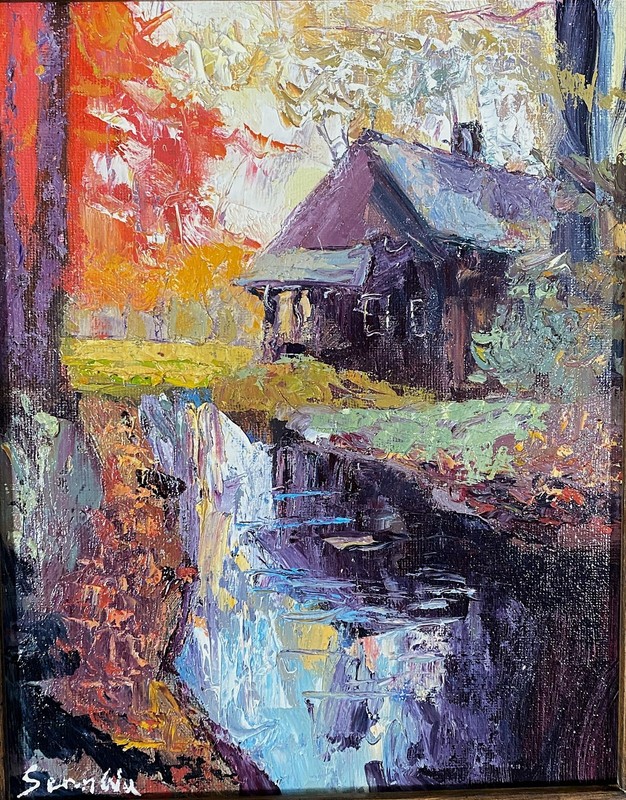 Original Oil Painting - Cottage by the Water in the Woods - Massive Ornate Frame gallery