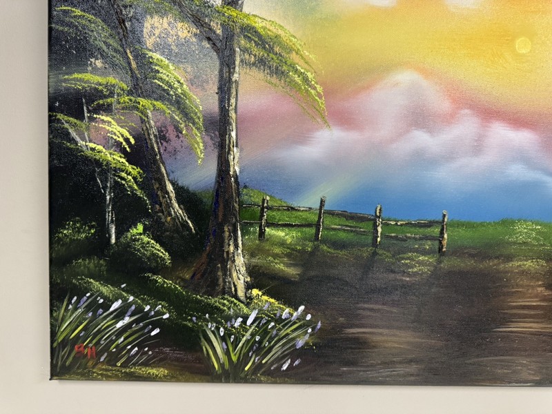 Forest Sun Rays, Original Oil Painting, Trail, Pasture, Fence 20x36” Canvas gallery