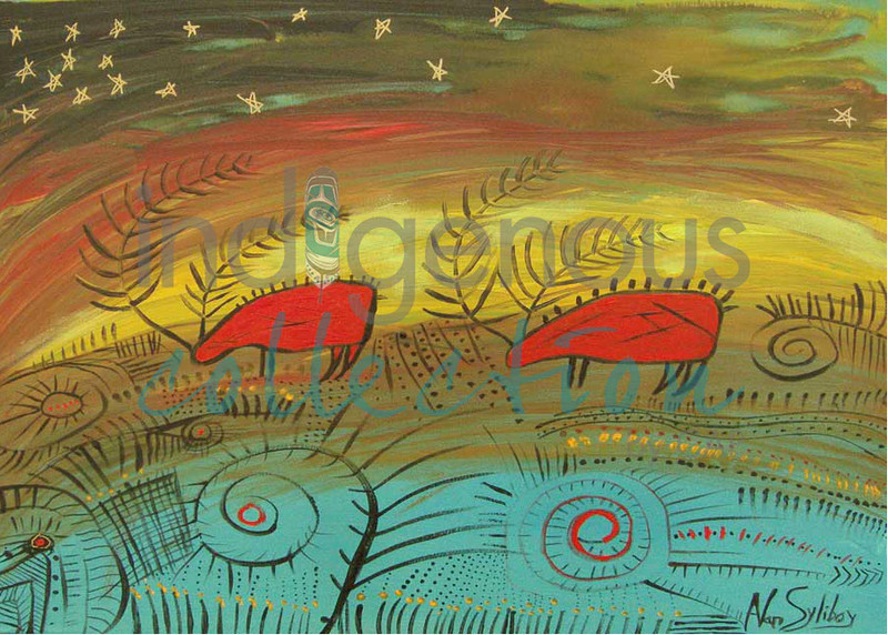 Alan SYLIBOY » Two Caribou With Star » Canvas Native Art Indigenous Mi’kmaq RARE