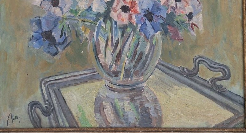 Painting Antique Oil Flowers Still Life Bouquet IN Vase Painting Framed gallery