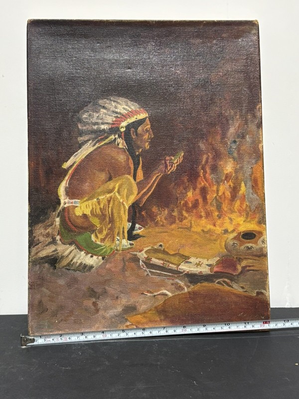 Vintage Native American Indian Oil On Canvas Board