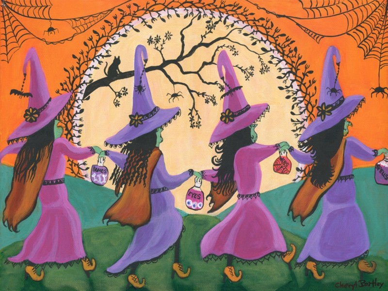 OrIgInAl FoLk ART PaInTiNg HaLLowEEn WiTcHeS MooN Cat Eye ball SpeLLs WeB BaT