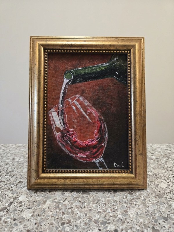 Original Red Wine Pour Oil Painting in 7×9 Gold Frame