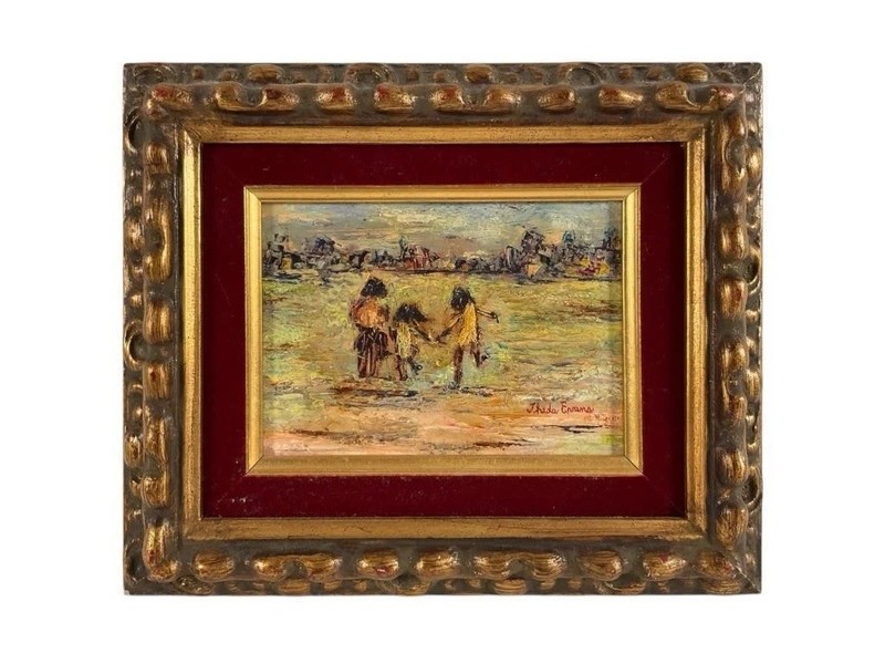 Vintage Original Oil Painting “kids”Signed Theda Evans Philadelphia Artist Frame