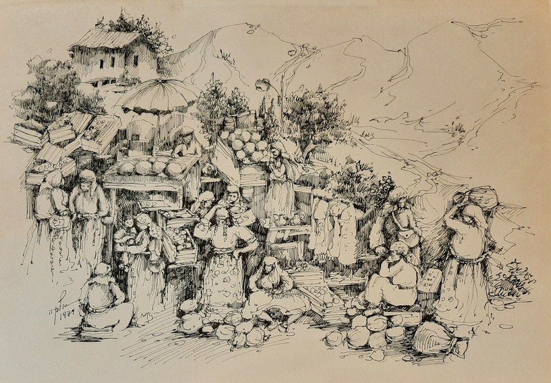 ELKA REUVEN ( Bulgaria Israel 1926-1991), Ink on Paper, Market Day, Signed, 1978