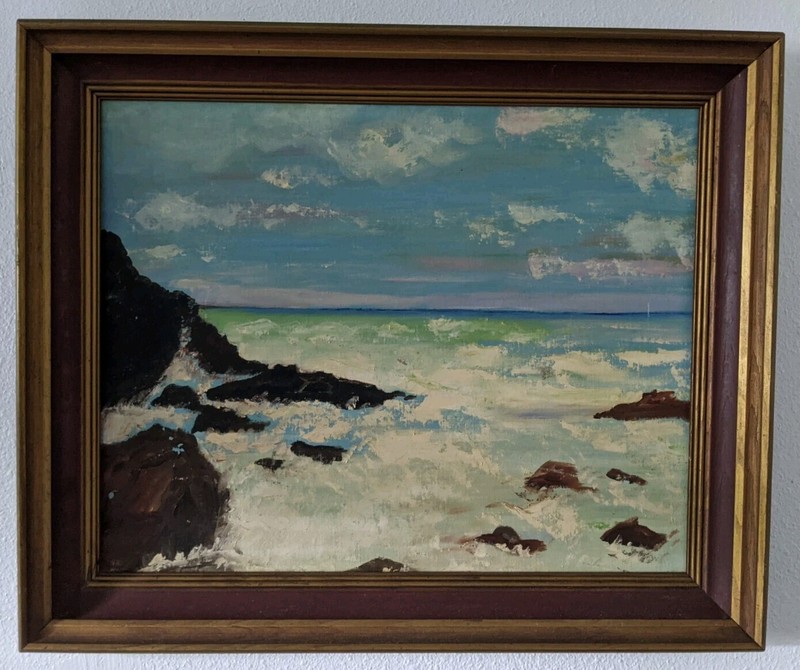 VTG Oil Painting Beach Ocean Framed Seascape Waterscape Waves Ships From FL