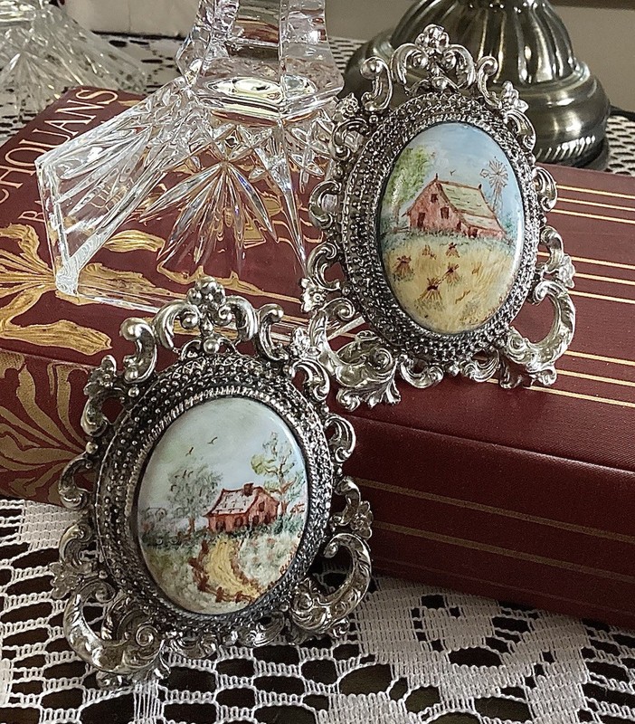 2 Mini Hand Painted Porcelain Pictures in Florenza Victorian Revival Frames 3”