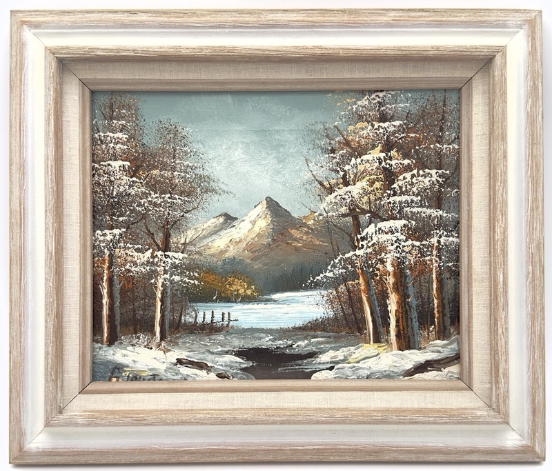 G. WHITMAN ORIGINAL OIL PAINTING WINTER MOUNTAIN LAKE 13.25” X 11.25” FRAMED