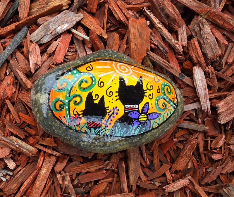 Hand Painted Cat Kindness original Rock paper weight Painting Art Gift gallery