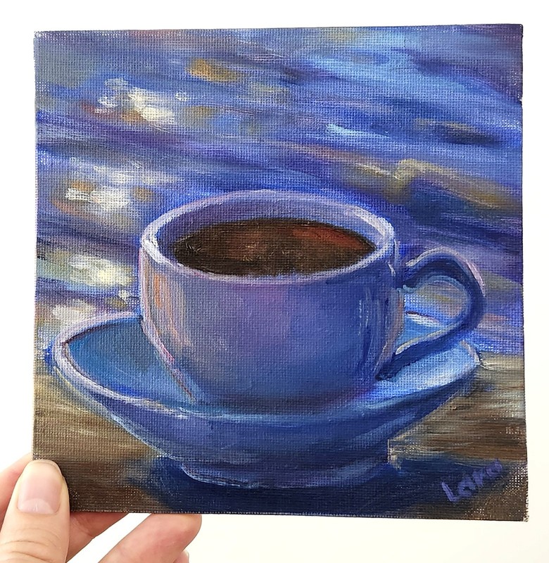 Blue Coffee Cup Original Oil Painting 6×6 Signed OOAK Kitchen Still Life Art