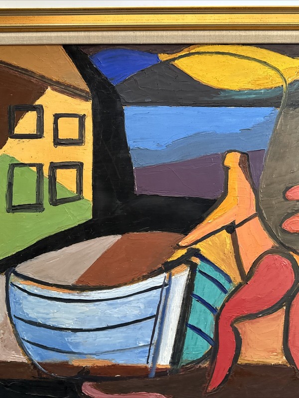 ANTIQUE PAINTING JO CAIN WPA ARTIST ABSTRACT CUBISM MID CENTURY FAMOUS FIGURES gallery