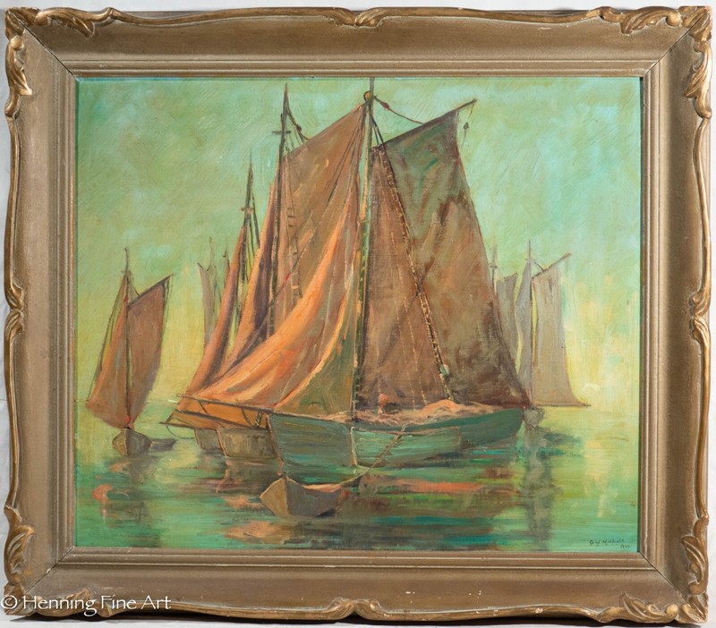 Beautiful Mid Century Impressionist Oil Painting Red Sailboats by G.W. Nichols