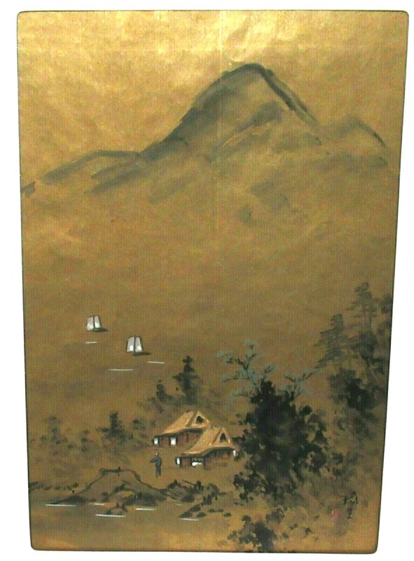 CHINESE GOLD GILT WATERCOLOR SAIL BOATS MOUNTAIN LANDSCAPE PAINTING SIGNED