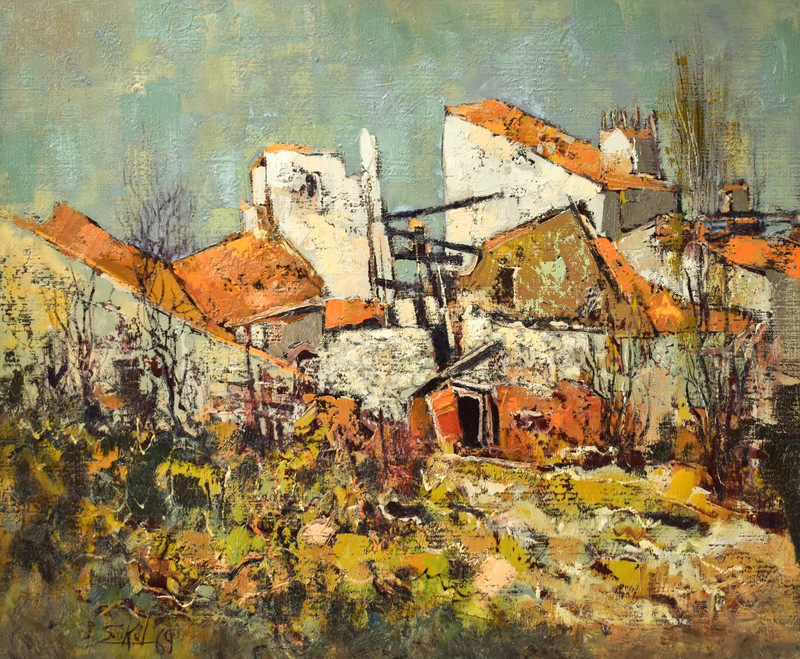 1969 French Oil Painting Village Landscape Jacques Sokol Signed Impressionist gallery