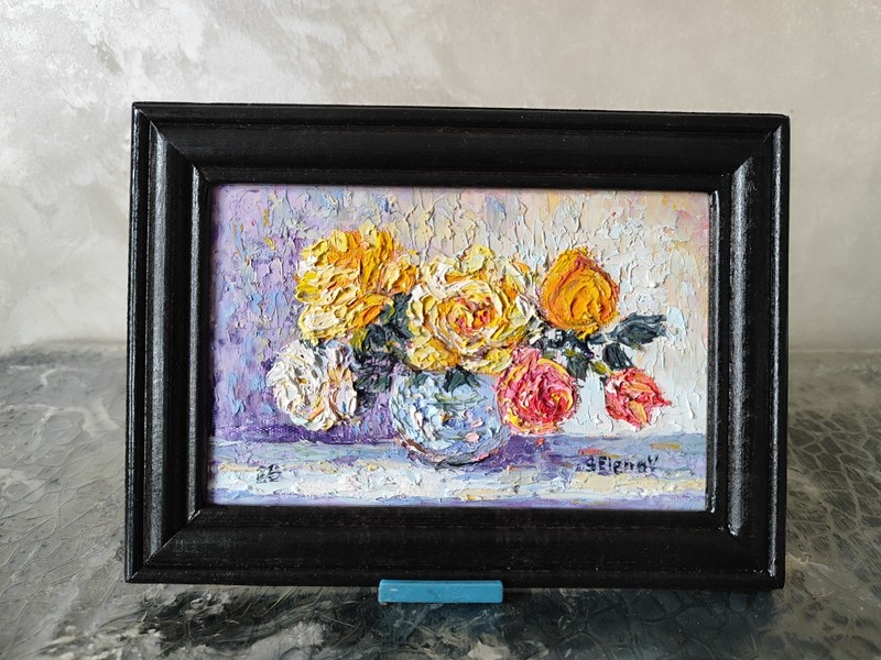 Original Yellow Rose Oil Painting Framed 5x7" Impasto Still Life Floral Art gallery