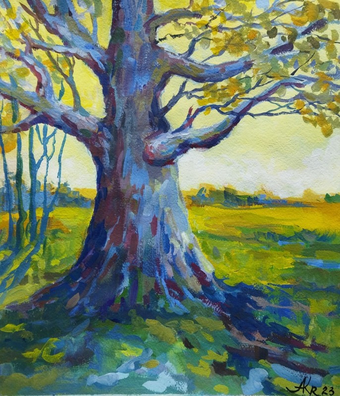 Original Oak Tree Landscape Impressionism Painting Gouache wall art