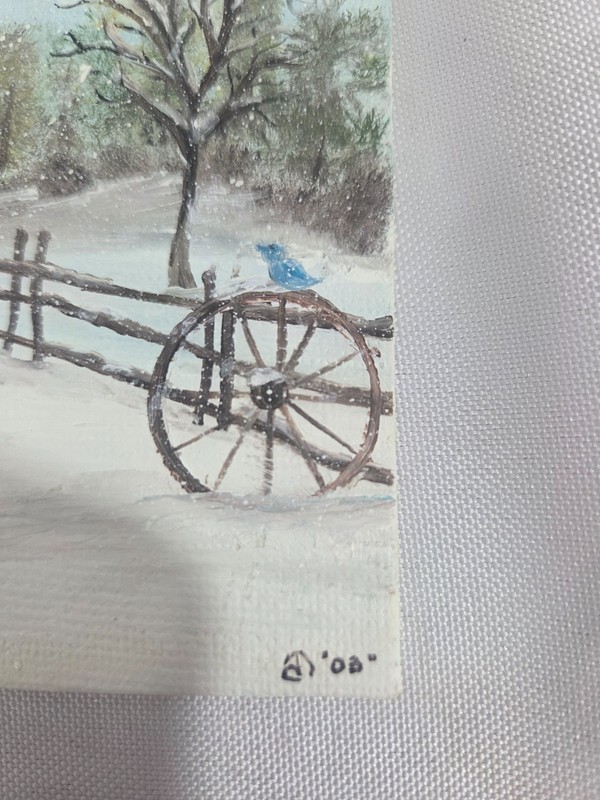 Original Framed Winter Landscape Painting 5x7 Canvas Snow Squirrel Signed B '03 gallery