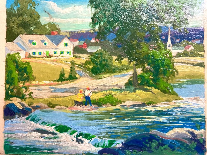 ORIGINAL LOUIS DARLING 1940s OIL PAINTING “ FISHING SCENE” NATURE /SPORTING ART