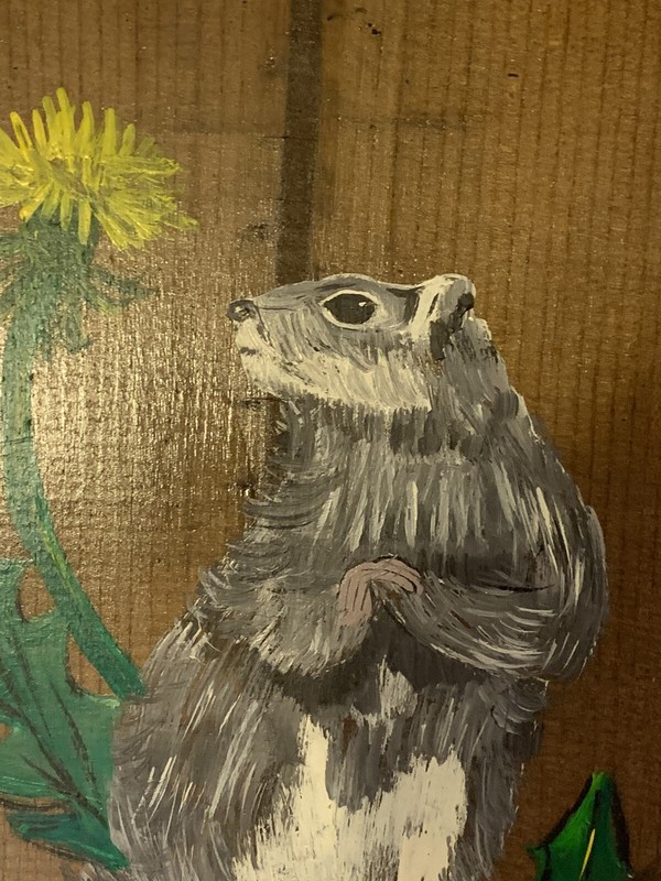 VINTAGE SQUIRREL PAINTING WOOD DANDELION JANICE TURNER APP 14”X11”