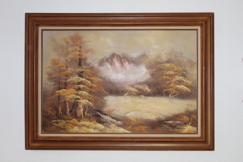 VINTAGE ORIGINAL OIL PAINTING MOUNTAIN LANDSCAPE AND TREES SIGNED BY RE77EL